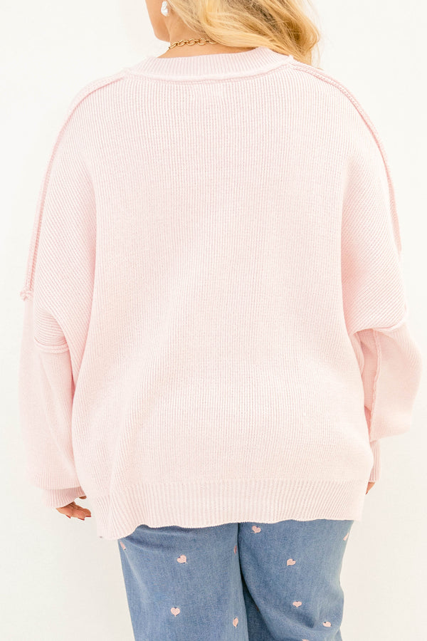 Chic Soul plus size clothing, light pink long sleeve crew neck oversized sweater