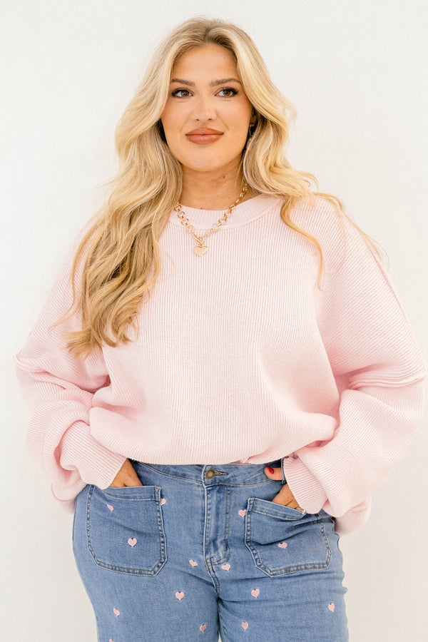 Chic Soul plus size clothing, light pink long sleeve crew neck oversized sweater