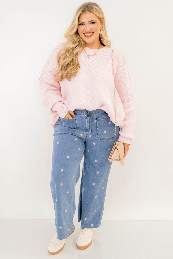 Chic Soul plus size clothing, light pink long sleeve crew neck oversized sweater