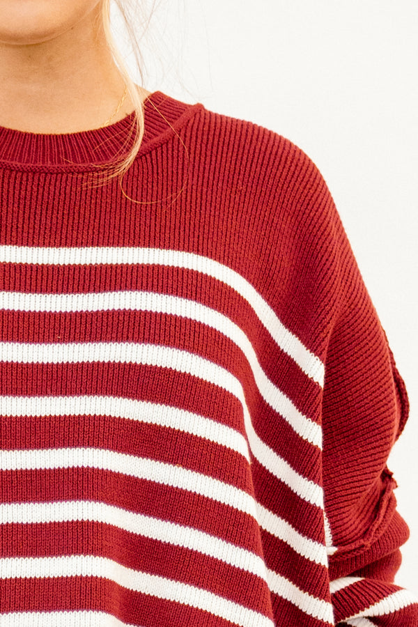 Chic Soul plus size clothing, long sleeve maroon sweater with white stripes and drop sleeves