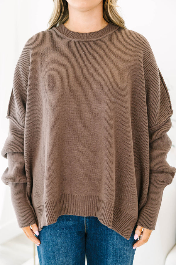 Chic Soul plus size clothing, Mocha long sleeve sweater with a high neck and stitching details on the sleeves