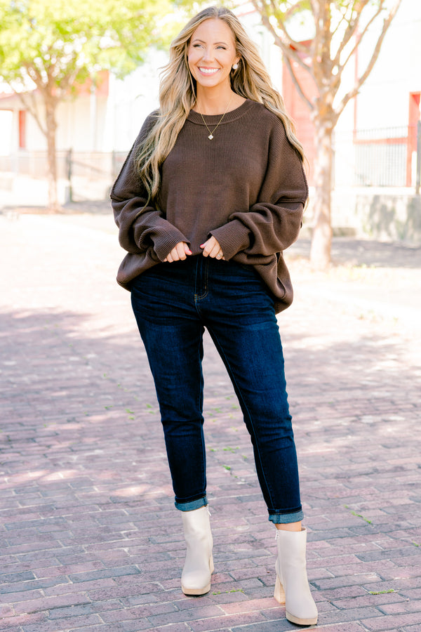 Chic Soul plus size clothing, Mocha long sleeve sweater with a high neck and stitching details on the sleeves