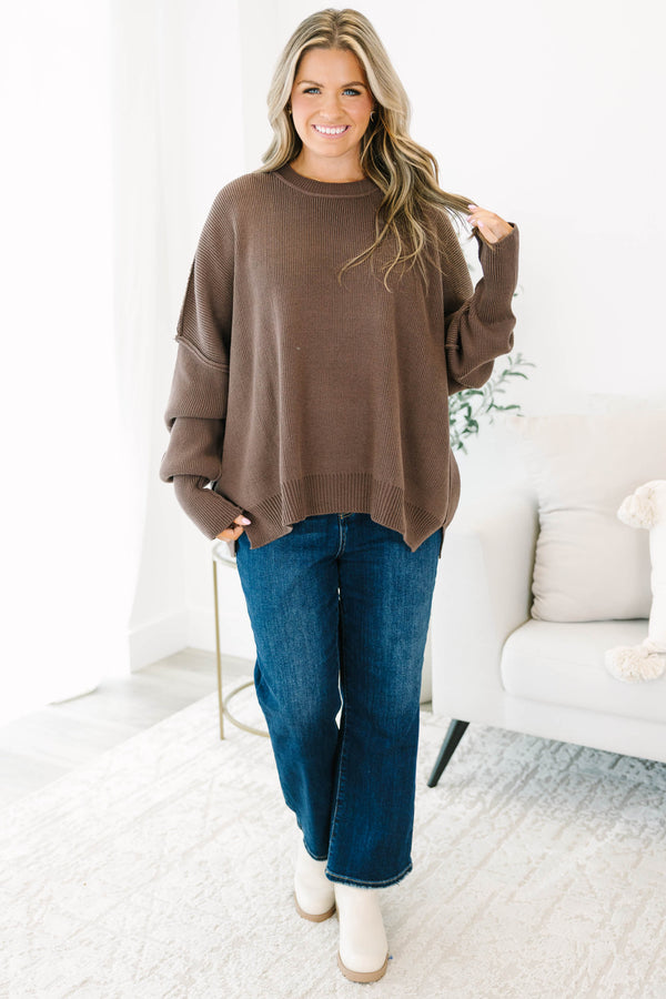 Chic Soul plus size clothing, Mocha long sleeve sweater with a high neck and stitching details on the sleeves