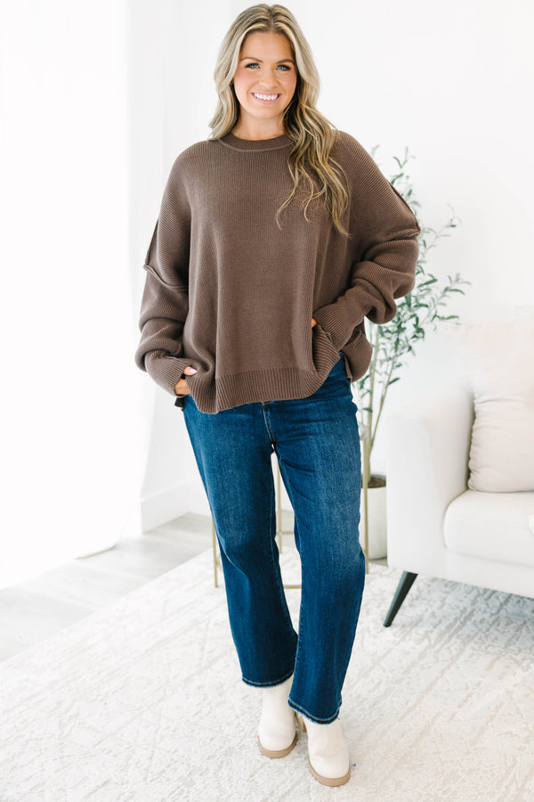 Chic Soul plus size clothing, Mocha long sleeve sweater with a high neck and stitching details on the sleeves