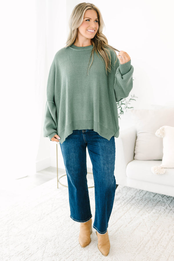 Chic Soul plus size clothing, olive colored sweater regular length, longer on the sides chunky sweater with outward seamlines