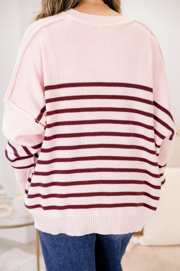 Chic Soul plus size clothing, light pink long sleeve crew neck seater with burgundy thin horizontal stripes
