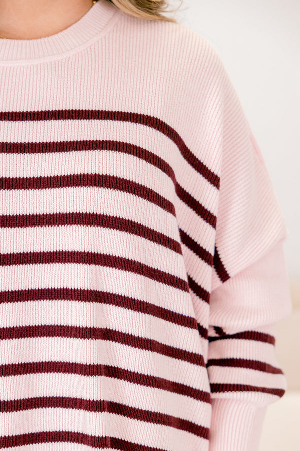 Chic Soul plus size clothing, light pink long sleeve crew neck seater with burgundy thin horizontal stripes