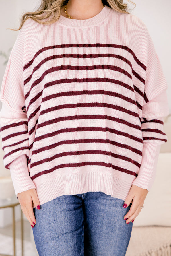 Chic Soul plus size clothing, light pink long sleeve crew neck seater with burgundy thin horizontal stripes