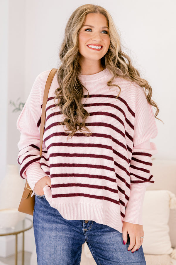 Chic Soul plus size clothing, light pink long sleeve crew neck seater with burgundy thin horizontal stripes