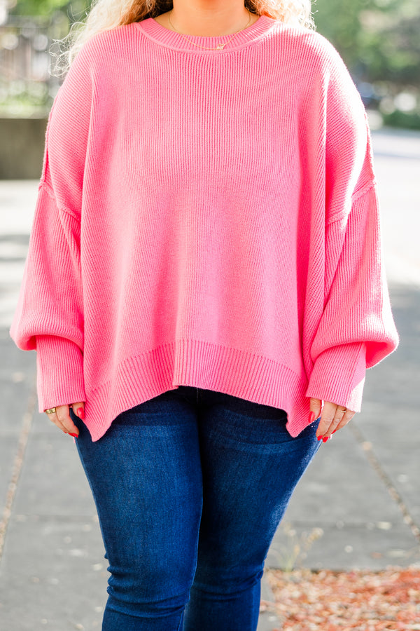Chic Soul plus size clothing, pink knit sweater with bubble sleeves