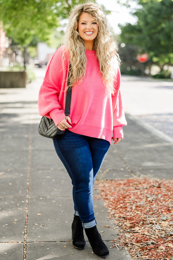 Chic Soul plus size clothing, pink knit sweater with bubble sleeves