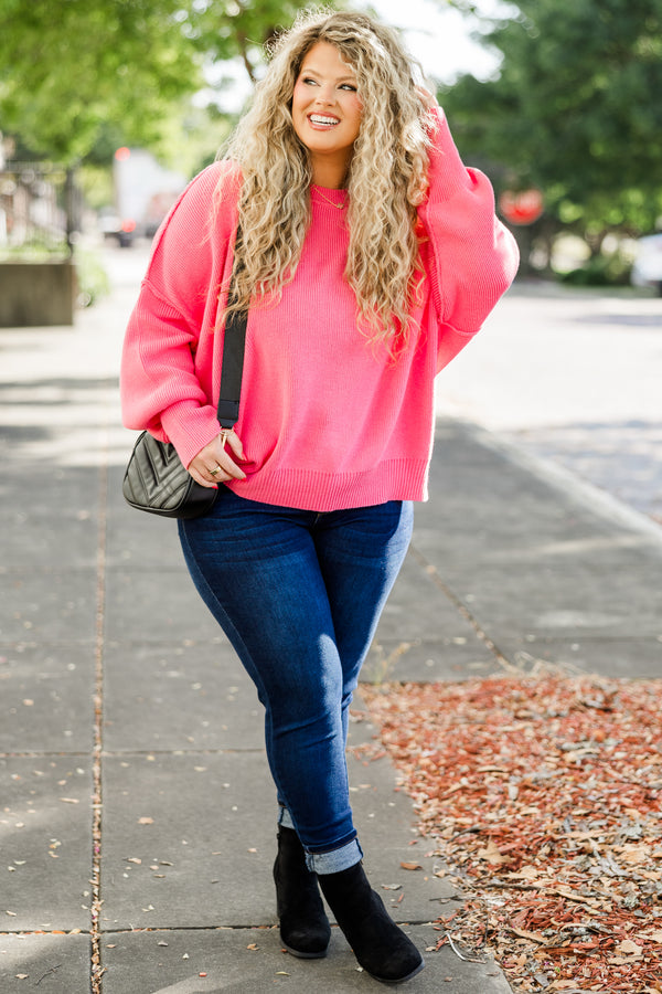 Chic Soul plus size clothing, pink knit sweater with bubble sleeves