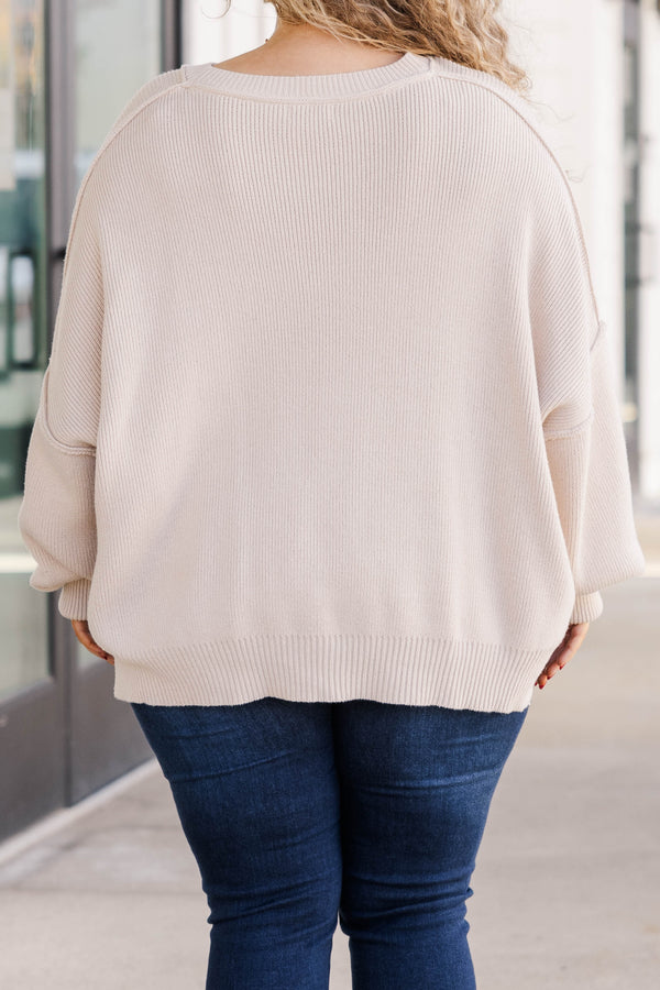 Chic Soul plus size clothing, taupe colored sweater regular length, longer on the sides chunky sweater with outward seamlines