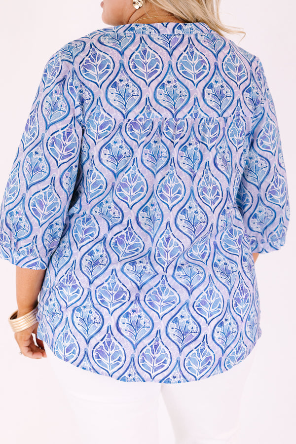 Chic Soul plus size clothing, light purple and dark blue pattered v neck 1/2 sleeve top with puff sleeves and drawstrings hanging from the neckline