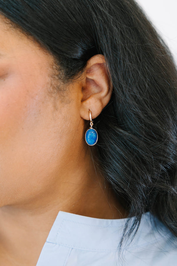 Plus Size gold hoop earrings with oval blue stone drops