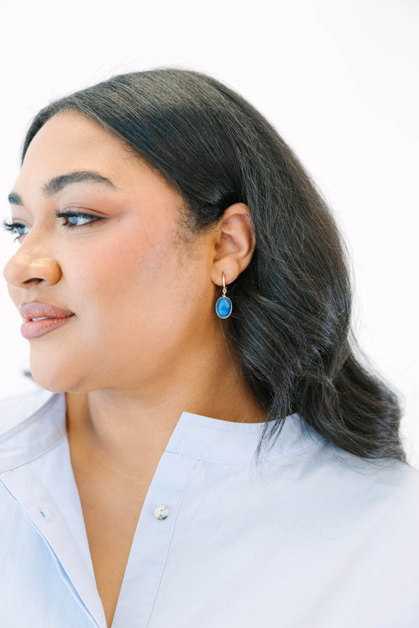 Plus Size gold hoop earrings with oval blue stone drops