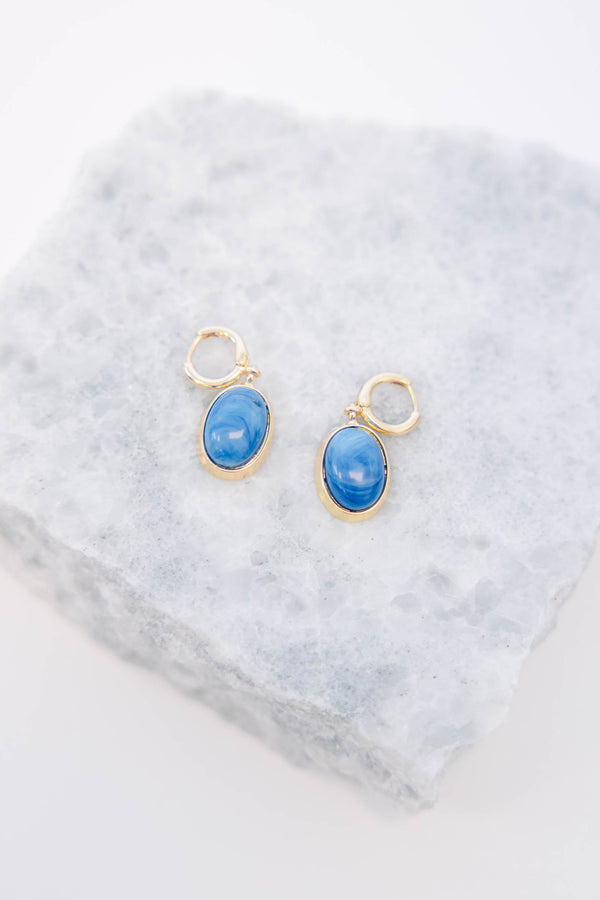 Plus Size gold hoop earrings with oval blue stone drops