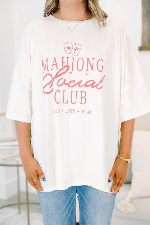 Plus size ivory Mahjong Social Club boyfriend tee with pink lettering