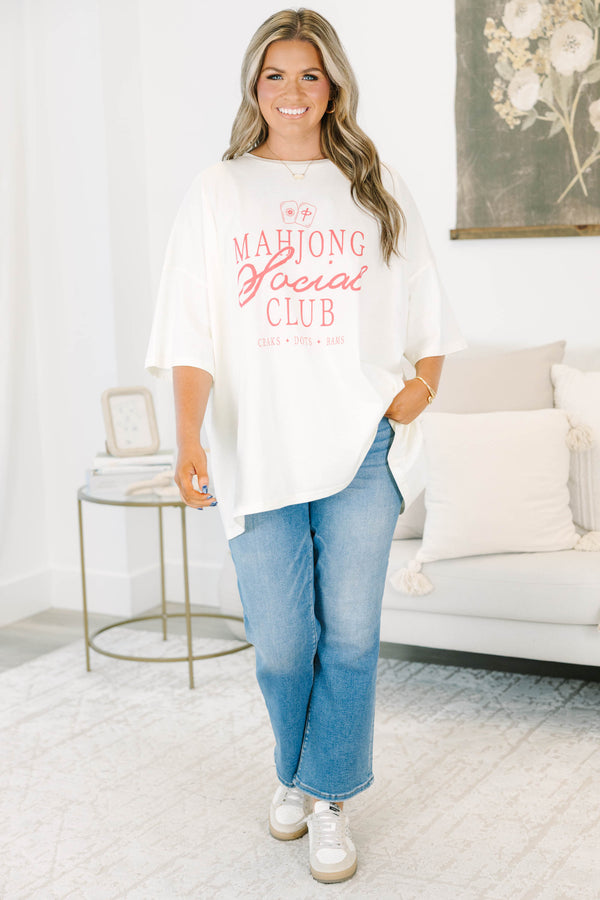 Plus size ivory Mahjong Social Club boyfriend tee with pink lettering