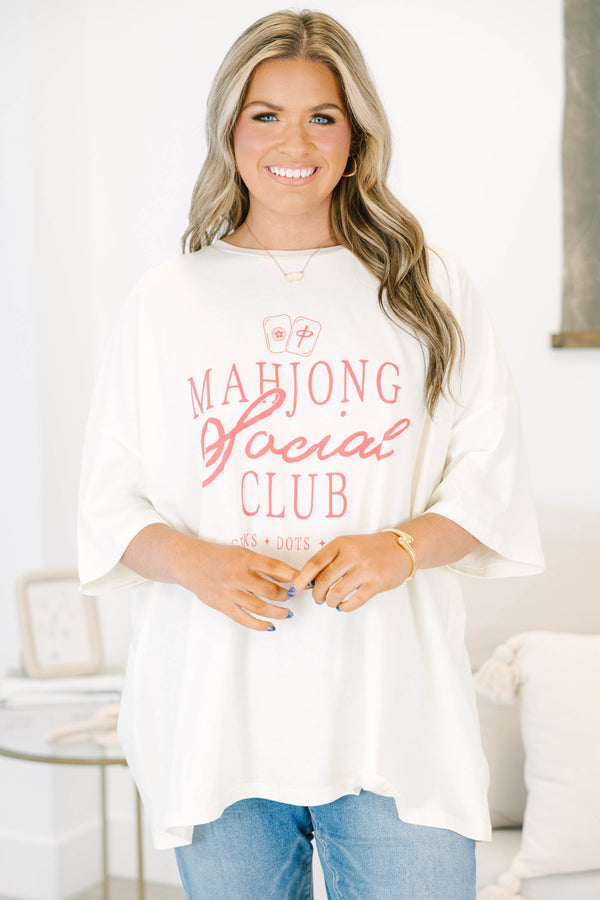Plus size ivory Mahjong Social Club boyfriend tee with pink lettering