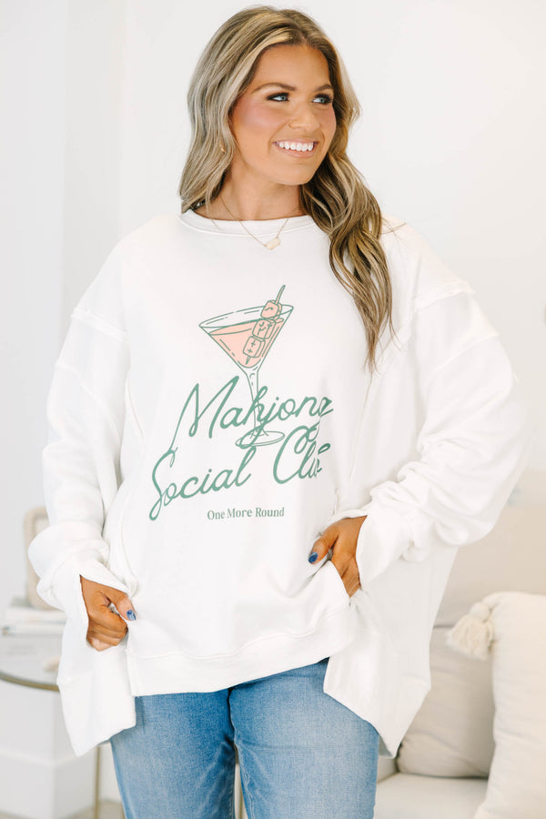 Plus Size ivory crewneck sweatshirt with a martini graphic and Mahjong Social Club text.