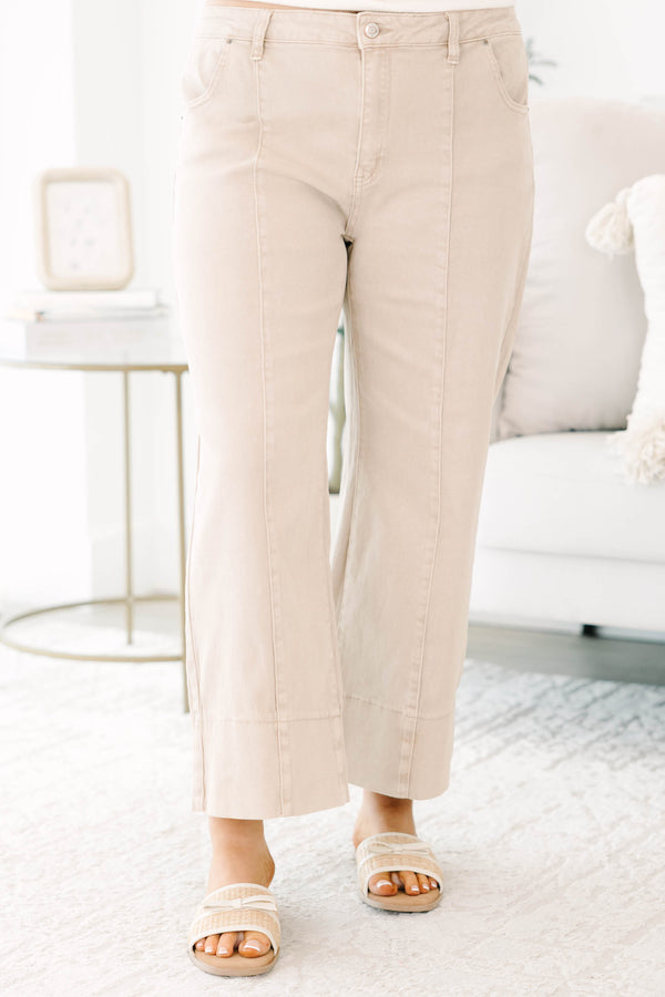 Plus Size ash mocha wide leg jeans with front seam detail and a cropped hem.