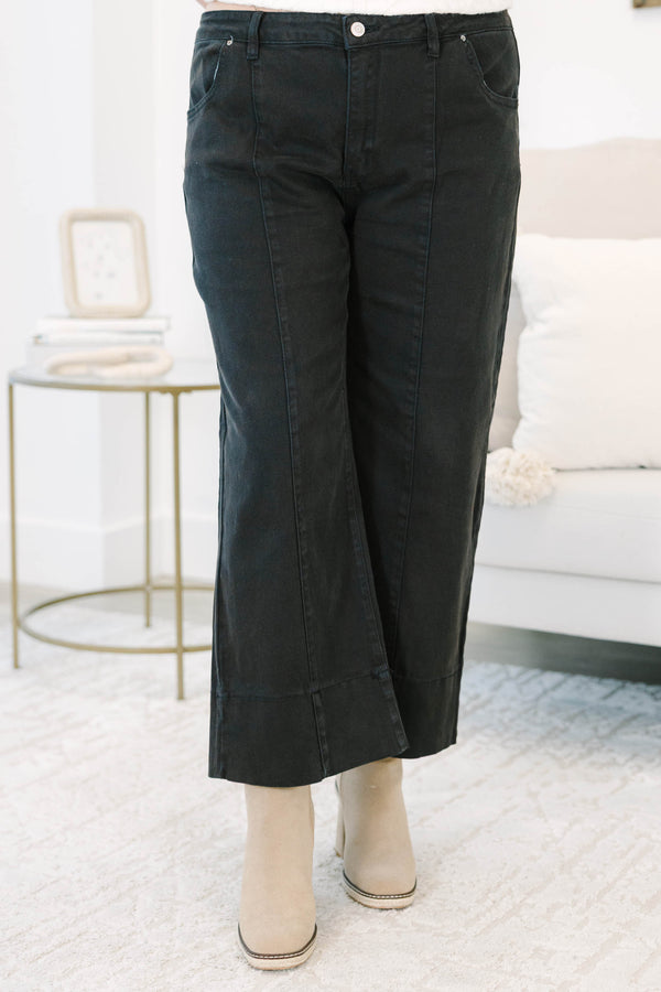 Plus Size black wide-leg jeans with front seam detailing and a cropped hem.