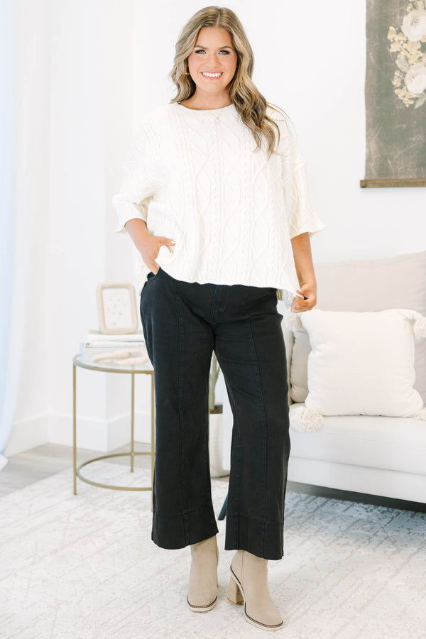 Plus Size black wide-leg jeans with front seam detailing and a cropped hem.
