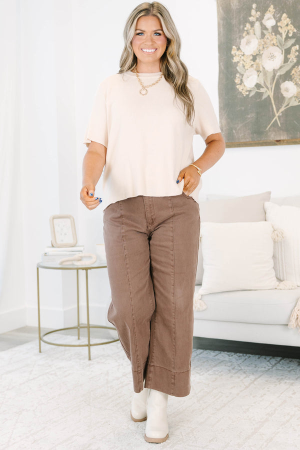 Plus Size brown wide-leg jeans with front seam detailing and a cropped hem.