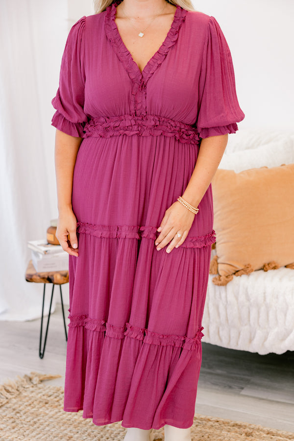 Chic Soul plus size clothing, plum purple short sleeve tiered maxi dress with ruffles on the layers
