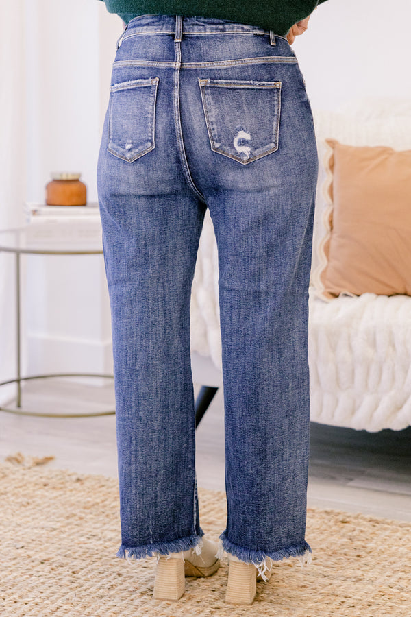 Chic Soul plus size clothing, dark wash straight leg denim jeans with a slightly frayed hem