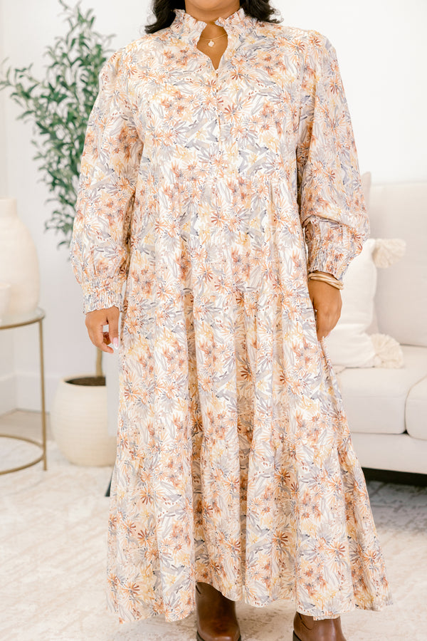 Chic Soul plus size clothing, cream and multi floral print long sleeve tiered maxi dress with v neckline cutout 