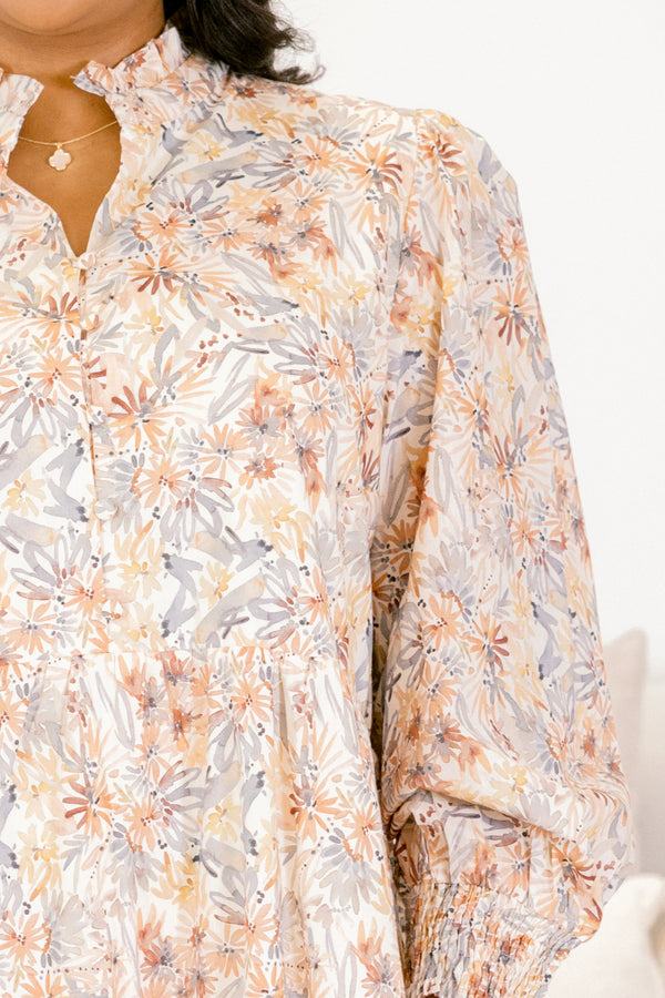 Chic Soul plus size clothing, cream and multi floral print long sleeve tiered maxi dress with v neckline cutout 