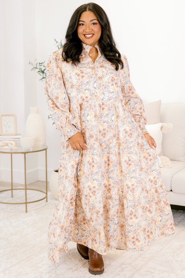 Chic Soul plus size clothing, cream and multi floral print long sleeve tiered maxi dress with v neckline cutout 