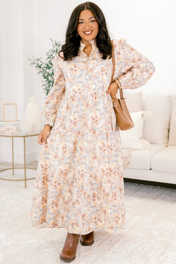 Chic Soul plus size clothing, cream and multi floral print long sleeve tiered maxi dress with v neckline cutout 