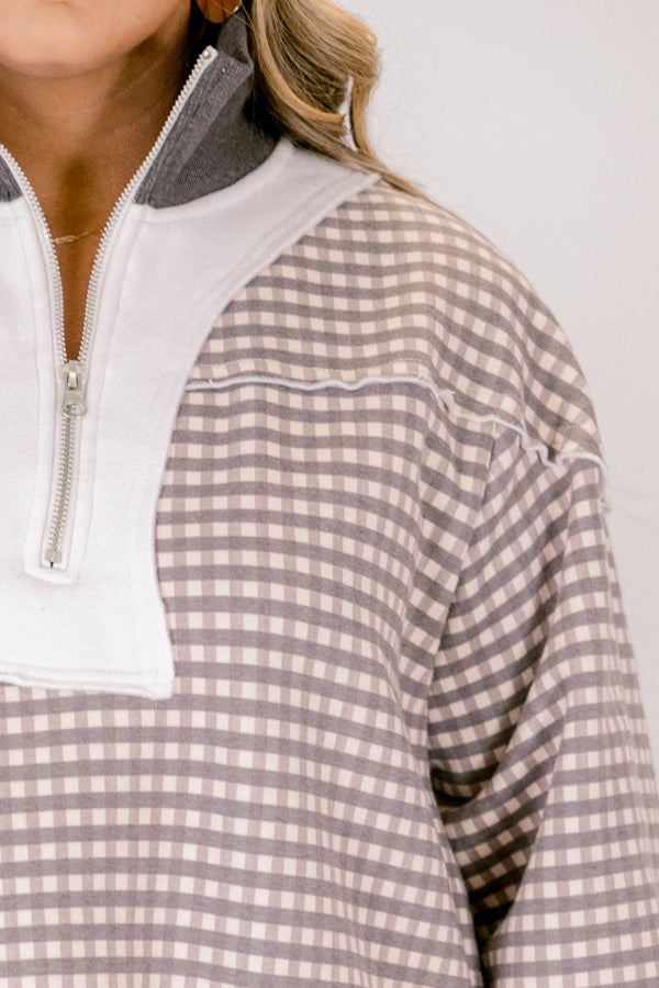 Chic Soul plus size clothing, brown and white gingham print long sleeve pullover with gray waistband and collar and white color block zipper