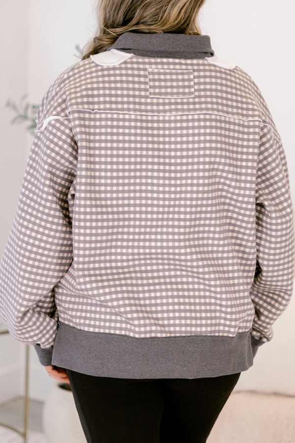 Chic Soul plus size clothing, brown and white gingham print long sleeve pullover with gray waistband and collar and white color block zipper