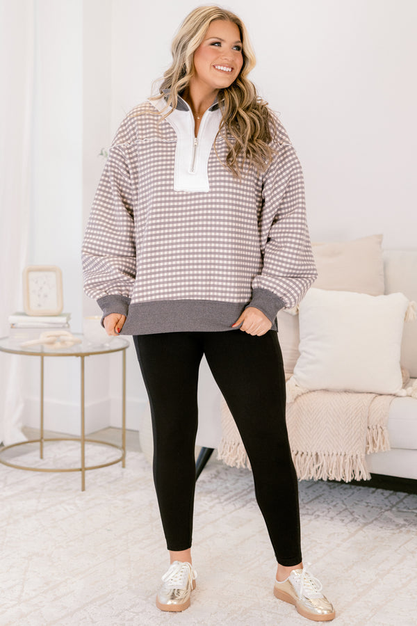 Chic Soul plus size clothing, brown and white gingham print long sleeve pullover with gray waistband and collar and white color block zipper