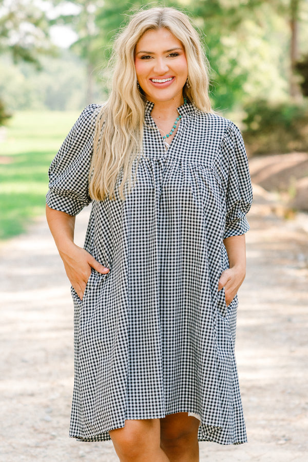 Chic Soul plus size clothing, short puff sleeve dress with black and white gingham pattern