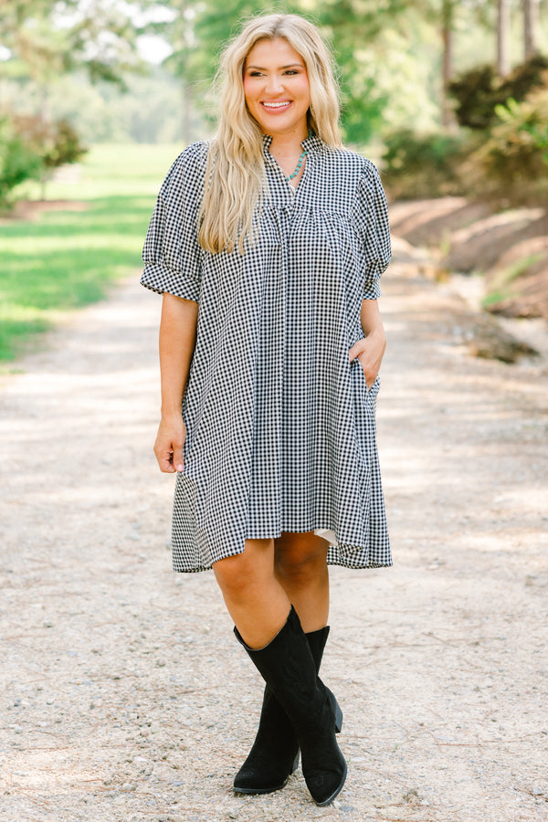 Chic Soul plus size clothing, short puff sleeve dress with black and white gingham pattern
