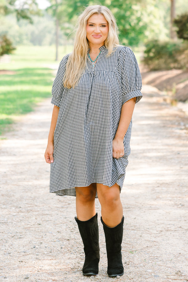 Chic Soul plus size clothing, short puff sleeve dress with black and white gingham pattern