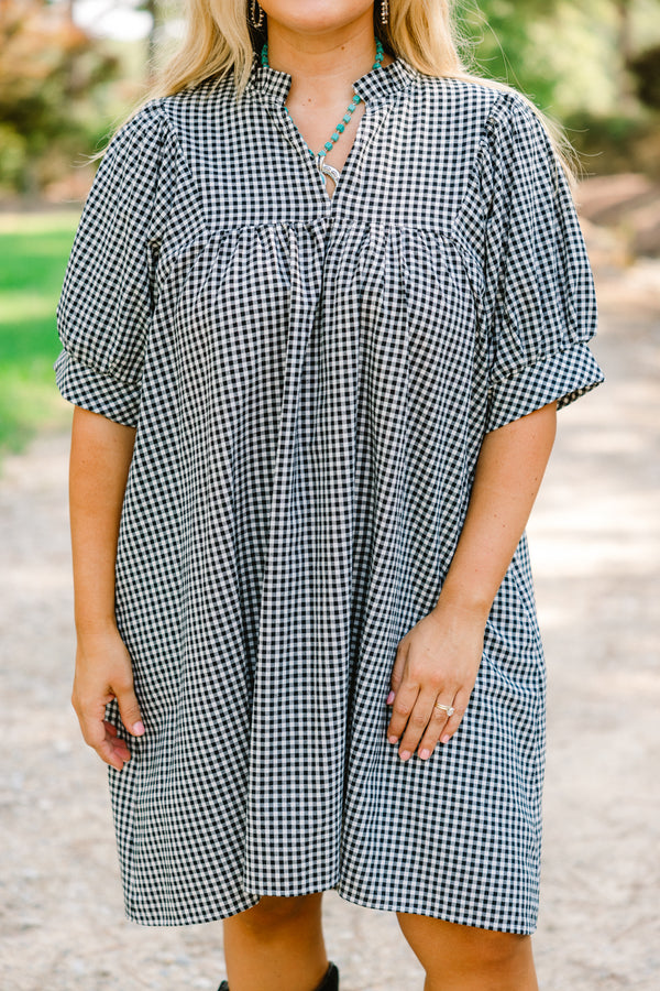 Chic Soul plus size clothing, short puff sleeve dress with black and white gingham pattern