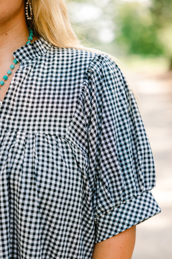 Chic Soul plus size clothing, short puff sleeve dress with black and white gingham pattern