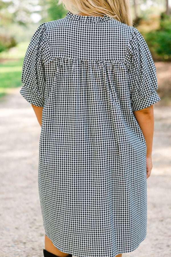 Chic Soul plus size clothing, short puff sleeve dress with black and white gingham pattern