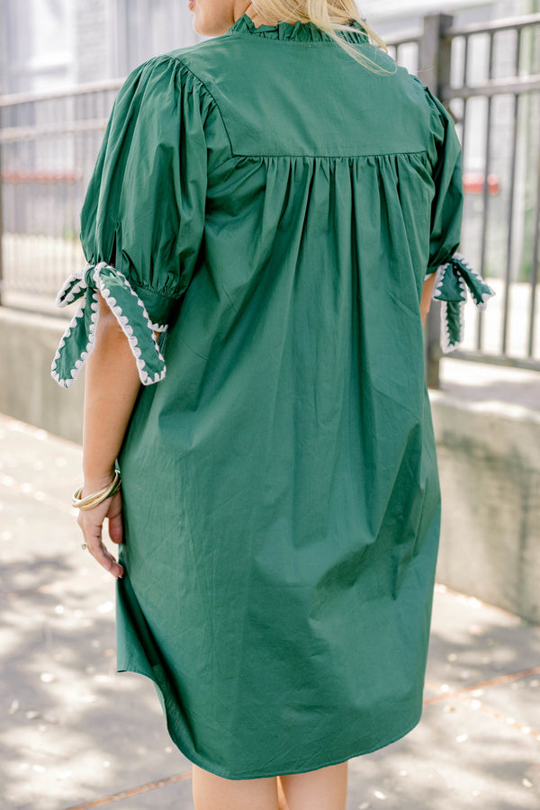 Chic Soul plus size clothing, dark green short puff sleeve flowy dress with white embroidered ties on the sleeves in bows