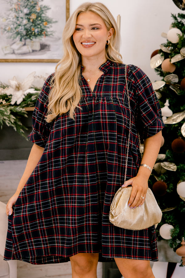 Chic Soul plus size clothing, navy and red tartan plaid short puff sleeve tiered baby doll dress with a v neckline