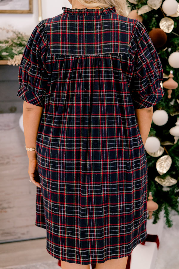 Chic Soul plus size clothing, navy and red tartan plaid short puff sleeve tiered baby doll dress with a v neckline