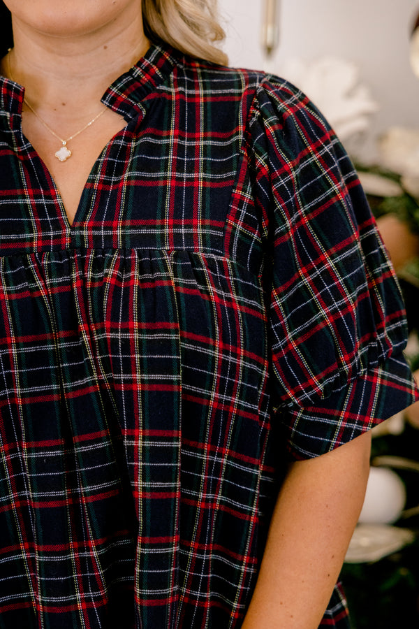 Chic Soul plus size clothing, navy and red tartan plaid short puff sleeve tiered baby doll dress with a v neckline