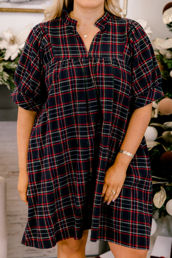 Chic Soul plus size clothing, navy and red tartan plaid short puff sleeve tiered baby doll dress with a v neckline