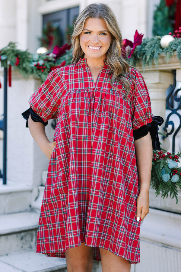 Plus Size red plaid babydoll dress with puff sleeves and black velvet bow details.
